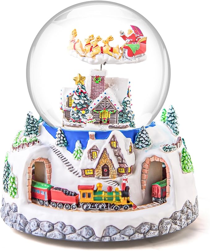 Musical Rotating Santa Claus Flying Over Village,Automatic Snowfall,Train, Christmas Snow Globe Music Box Gifts, for Women Wife Mom Girlfriend Daughter, Xmas Present,Plays 48 Classic Christmas Carols