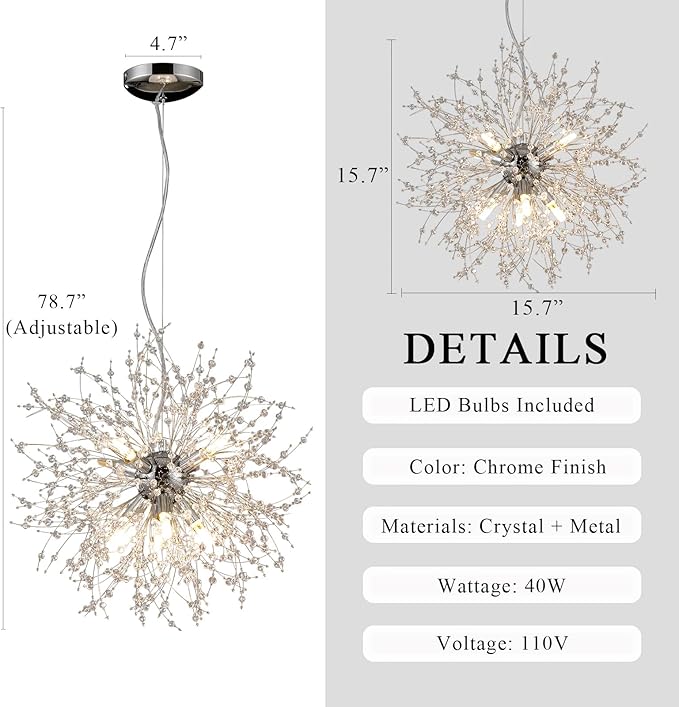 8-Light Modern Firework Chandeliers, Round Sputnik Hanging Lamp, Chrome Crystal Beaded Lighting, Small Dandelion Pendant Light for Entryway Dining Room Kitchen Island (Chrome, D15.7inch)