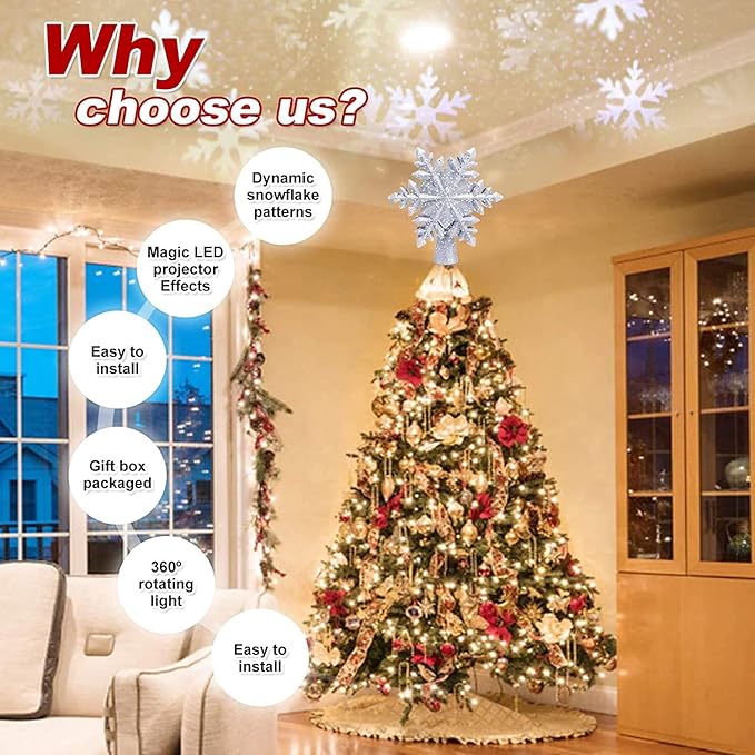 Christmas Tree Topper Lighted with White Snowflake Projector, LED Rotating Snowflake, 3D Glitter Lighted Sliver Snow Tree Topper for Christmas Tree Decorations