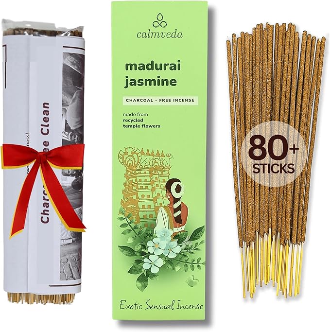 Madurai Jasmine Incense Sticks Exotic - Sensual Aroma (80 Sticks) Charcoal Free Incense, Made from Upcycled Flowers | Rich Decadent from Green, Fruity Yet Creamy Floral | Kama or Love Incense Sticks