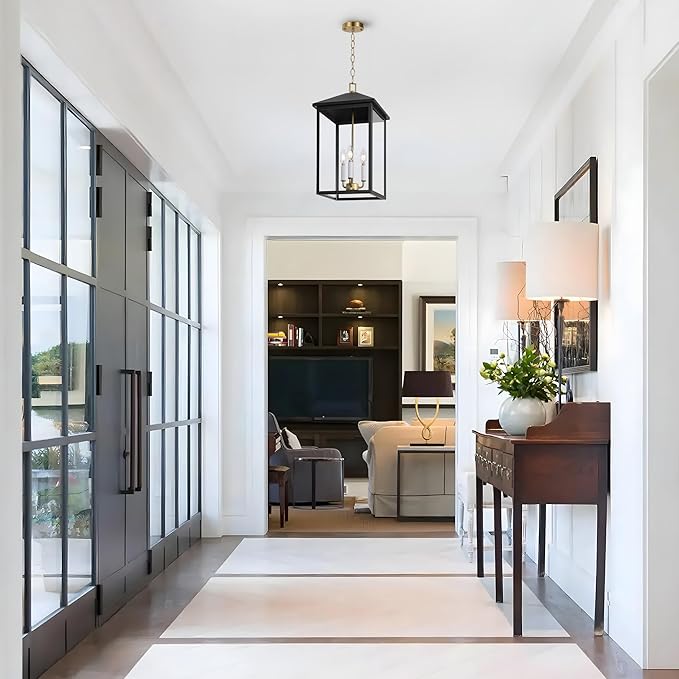 LamQee 21.2'' Large Outdoor Pendant Light Fixtures, 3-Light Modern Black Exterior Ceiling Hanging Lantern with Gold and White Candle, Outside Chandelier Lighting for Front Porch Entryway Patio Gazebo