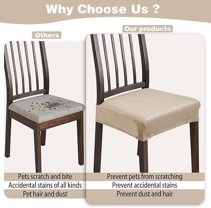 Dining Chair Seat Covers, Stretch Velvet Chair Seat Slipcovers Protector, Removable Washable Kitchen Chair Covers for Dining Room Chairs (Set of 2, Khaki)