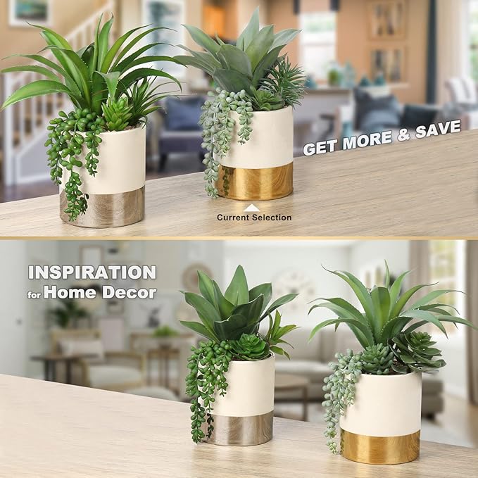 Hollyone Large Artificial Succulents Plants Faux Succulents 12" Fake Succulent Plants in Gold Ceramic Pot Succulent Plant for Desk Modern Home Living Room Office Table Shelf Decor