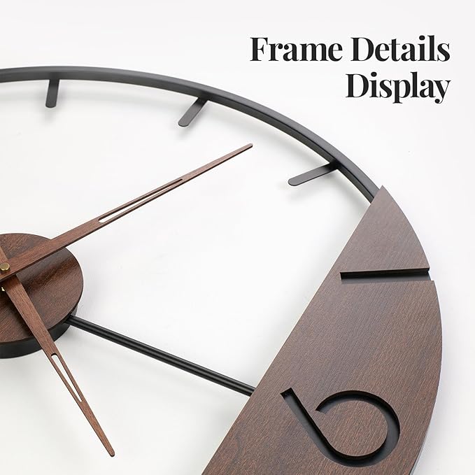 Cuspin 16 Inch Wall Clock with Walnut Wood Dial, Modern Decorative Clock Silent Non-Ticking Battery Operated Metal Frame for Living Room, Kitchen, Office, or Bedroom Wall Decor, Black and Brown