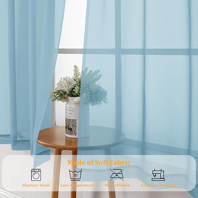 Gwine Sky Blue Sheer Kitchen Curtains 36 Inch Length, Light Filtering Voile Soft Airy Small Cafe Curtains, Short Window Curtain for Bathroom Basement, 42x36 inch, 2PCS