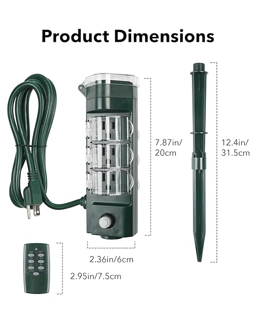 HBN Outdoor Power Strip Timer with Photocell Remote Control,Yard Stake Countdown (2,4,6,8 Hour),Weatherproof Outside Timer Dusk to Dawn for Halloween/Christmas Lights,6 Outlets,6ft Cord