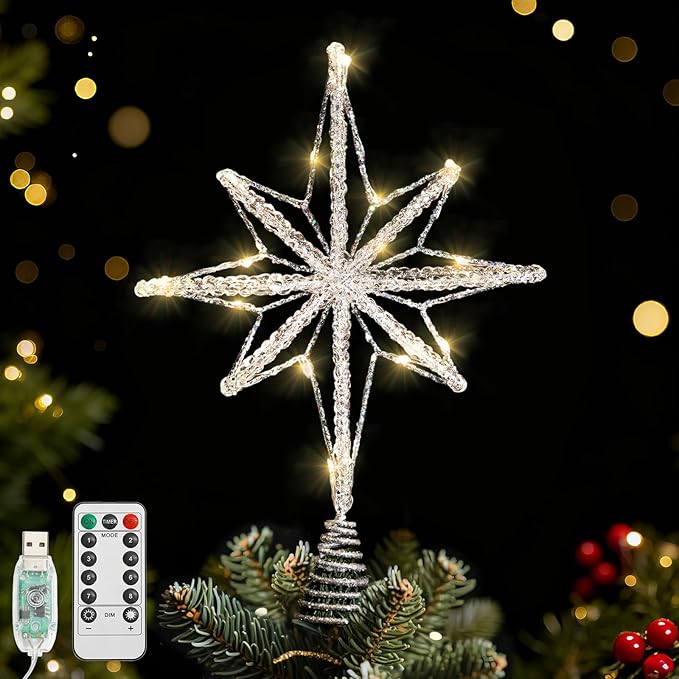 Lewondr Christmas Tree Topper Star, 15.94" Epoxy Bethlehem Star Tree Topper with 20 LED Bulbs, 6 Hrs Timer and 8 Light Modes USB Remote Control, Christmas Treetop Decor for Home Holiday, Silver