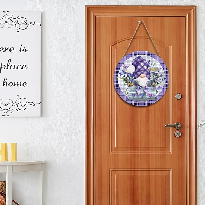 Spring Gnome Lavender Flower Sign for Front Door 12"x12" Summer Purple Floral Buffalo Plaid Wood Door Hanger for Outdoor Outside Porch Spring Summer Farmhouse Wooden Wreath for Wall Porch Yard
