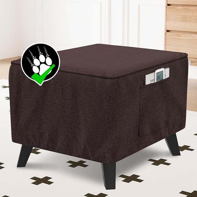 H.VERSAILTEX Thick Durable Linen Look Ottoman Cover Square Fit Length 36"-37" Footrest Folding Storage Stool Furniture Protector Soft Slipcover for Living Room with Elastic Bottom - Heather Chocolate