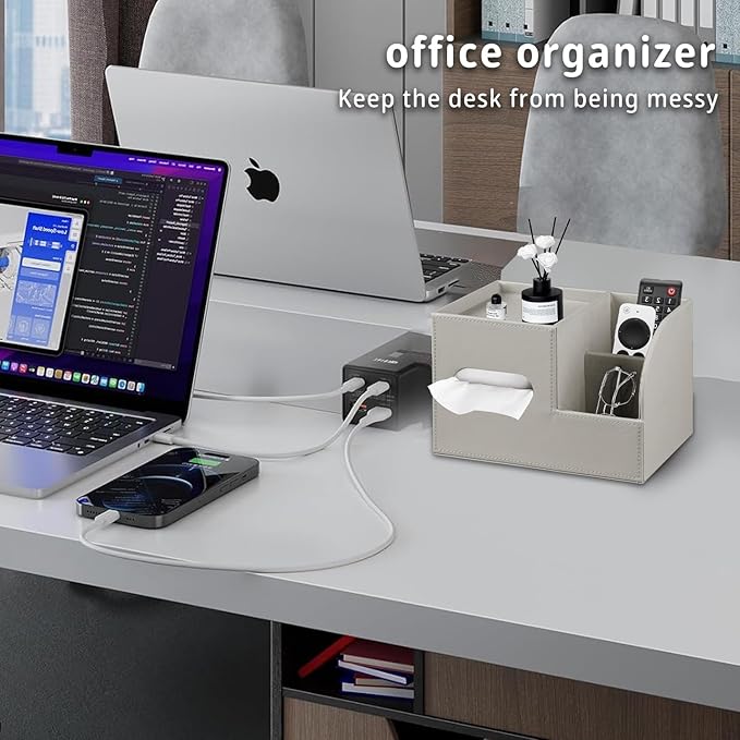 PU Leather Tissue Box Cover Square,Tissue Box Holder Organizer with Storage Tray and Remote Control Holder for Bathroom Countertop Night Stands Bedroom Office Desk,Napkin Caddy Decorative Grey