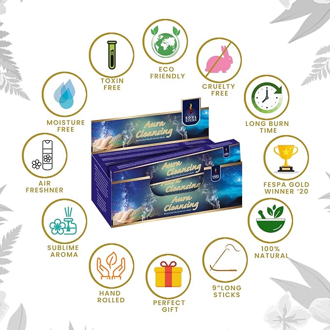 SOUL STICKS Hand-Rolled Incense Sticks Divine Spirit Blends 180 Gram Box | 100% Natural Masala Incense Organic Home Fragrance Agarbatti (Aura Cleansing)