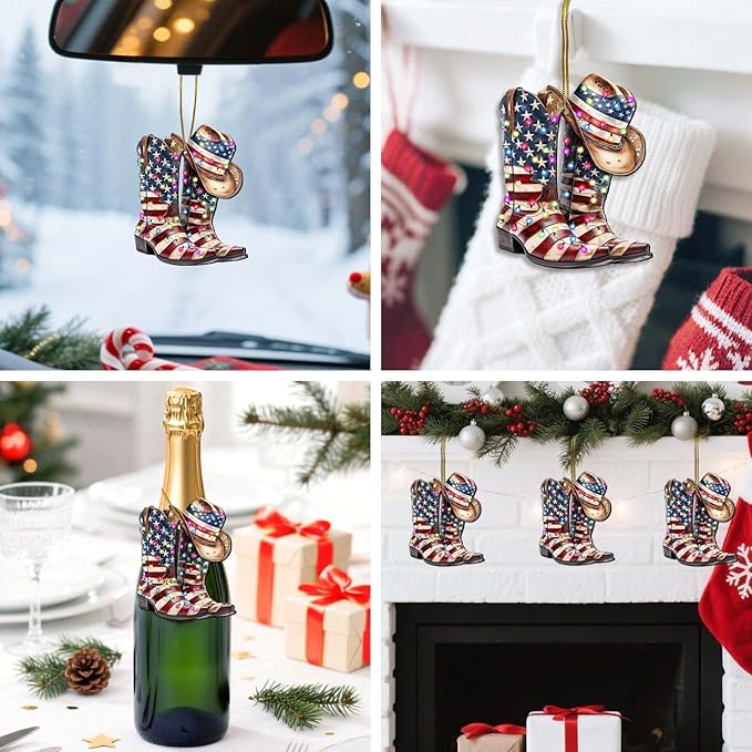 Cowboy Boot Christmas Tree Keepsake Ornaments, American Flag Themed 2 Side Printed Flat Wooden Ornament, Xmas Hanging Decor