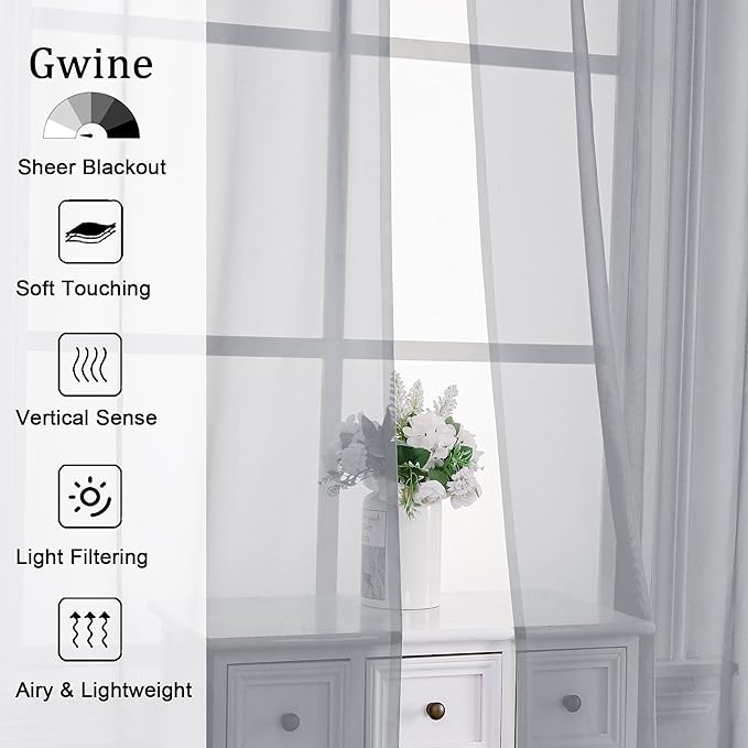 Gwine Light Grey Sheer Curtains 96 Inches Long 2 Panels, Elegant Window Treatments Voile Curtains for Living Room, Light Filtering Rod Pocket Sheer Drapes, Each 42" Wx96