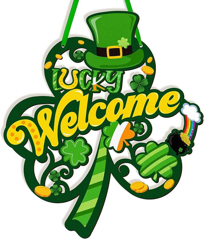 St Patricks Day Wreaths for Front Door - Hollow Wooden Shamrock Wreath, Irish Spring Hanging Welcome Door Sign, Saint Patricks Day Decorations for Holiday Outdoor Indoor Party Wall Home