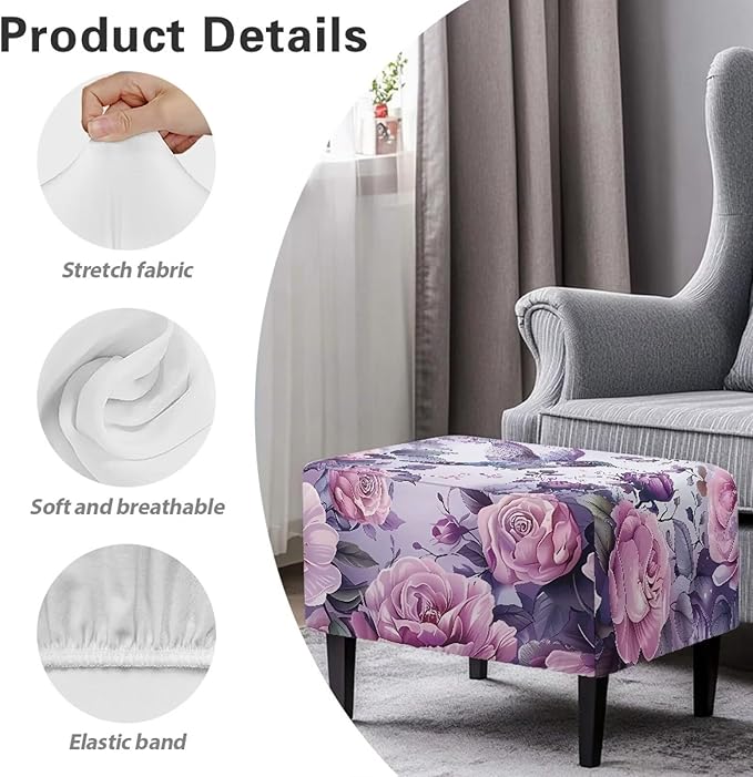 Rose Hummingbird Rectangle Chair Cover Washable Small Ottoman Slipcover 30x24x15 Inch Easy to Install Folding Storage Footstool Protector Ultra Stretch Dust Cover for Foot Stool