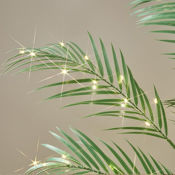 LITBLOOM Lighted Palm Garland with Timer 6FT 120 LED Fairy Lights, Greenery Garland Battery Operated or USB Plug in for Summer Christmas Fireplace Mantle Decoration Inside