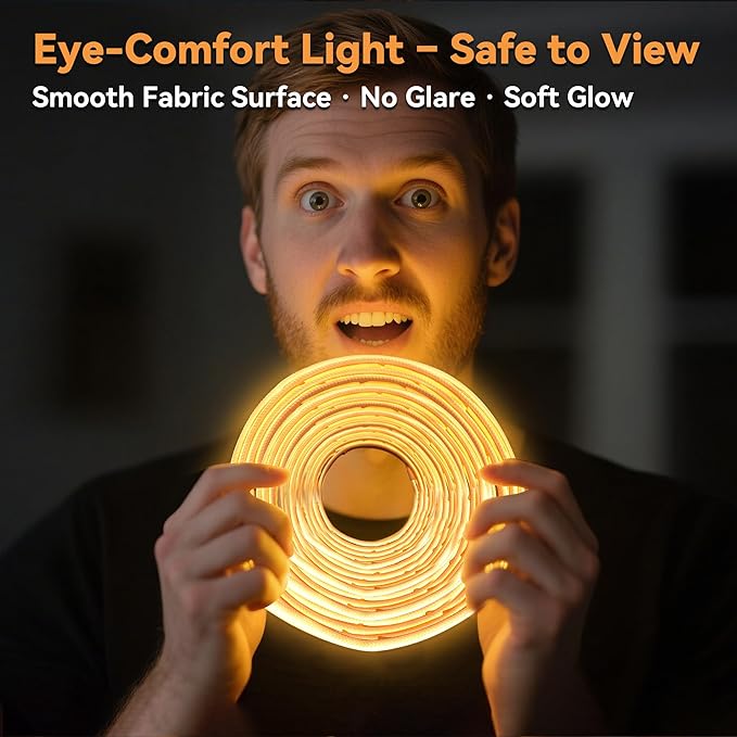 USB Fabric COB LED Strip Light 19.68in, 3000K Warm White Soft Eye-Comfort Glow, Flexible Cuttable Desk & Keyboard Light, Under Cabinet Accent Lighting