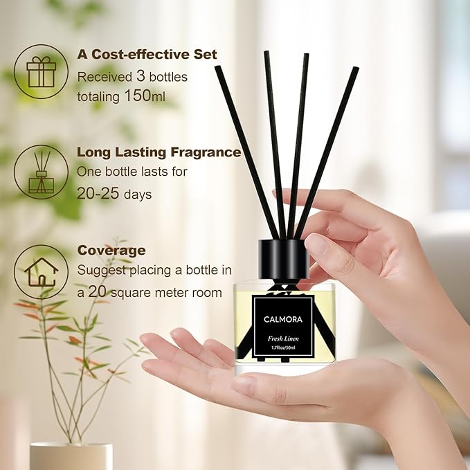 CALMORA Reed Diffuser Set of 3, 50ml Fresh Linen/Eucalyptus & Mint/Ocean Scented Oil Diffuser with 15 Sticks | Home Fragrance for Bedroom, Bathroom, Office & Living Room