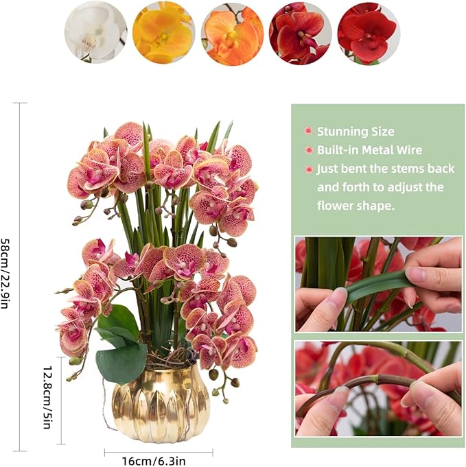 CXGS Artificial Orchid Flower Real Touch Faux Orchids in Ceramic Vase Large 22.9'' Fake Flowers Purple Dapple Phalaenopsis Floral for Home Indoor Decor