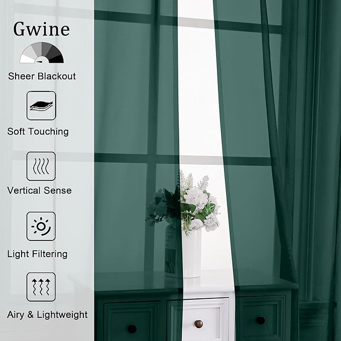 Gwine Hunter Green Valances for Windows, Small Light Filtering Rod Pocket Cafe Valance Curtains, Soft Sheer Curtain for Bathroom Laundry Basement, 42Wx14L inch, 2 Pieces