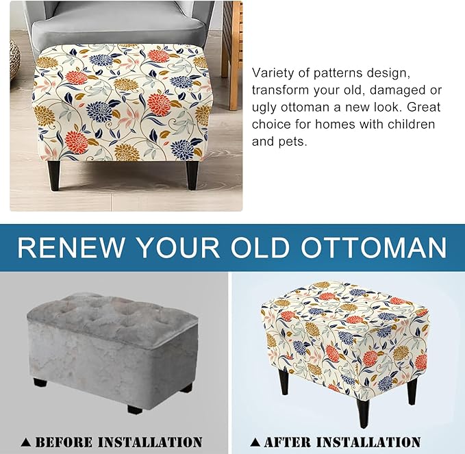 KRFOONN Stretch Ottoman Cover Slipcovers Rectangle Fit Length 55"-63" Footrest Stool Covers Printed Ottoman Cover for Foot Stool Furniture Protector with Non Slip Elastic Bottom, Color 14