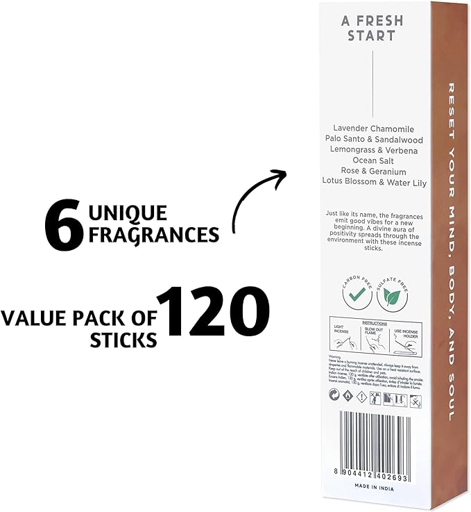 Folkulture Incense Sticks | Set of 6 (120 Stick) Non Toxic Palo Santo Insence-Sticks | 45 Mins Burn Time | Sandalwood Incenses, Lemongrass, Rose Geranium | Inscents-Sticks for Women