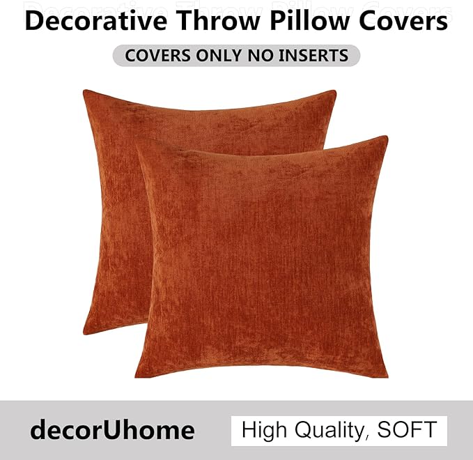 decorUhome Chenille Rust Throw Pillow Covers 22x22 Inch Set of 2, Decorative Soft Couch Pillow Covers Solid Dyed Accent Farmhouse Neutral Square Pillow Cases for Sofa