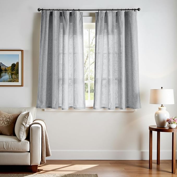 jinchan Grey Linen Blend Curtains 63 inch Length 2 Panels for Bedroom Living Room, Semi Sheer 50 inch Wide Farmhouse Cottage Core Style Drapes with Rod Pocket Back Tab(50W x 63L, Grey)