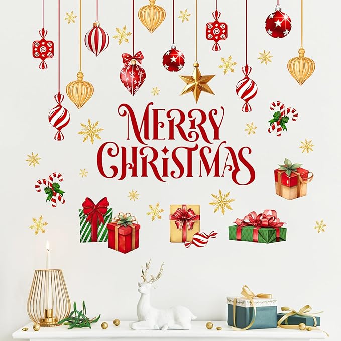 Mfault Merry Christmas Balls Wall Decals Stickers, Xmas Gifts Gold Snowflake Decorations Bedroom Art, Winter Holiday Peppermint Candy Cane Home Kitchen Decor
