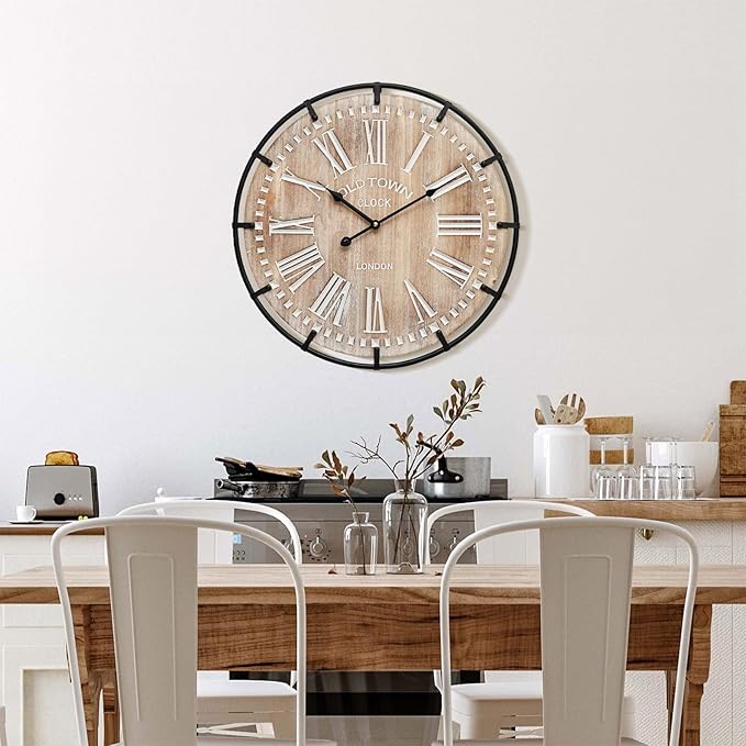MODE HOME Large Farmhouse Wall Clock, 24 Inch Rustic Wooden Wall Clock Decorative with Metal Circle and Engraved Numerals, Silent Battery Operated for Kitchen Bedroom Living Room Fireplace Mantel