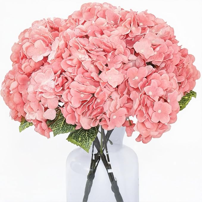 Kimura's Cabin 2Bouquets Fake Hydrangea Flowers Vintage Artificial Silk Hydrangeas Flower 10Heads Faux Floral for Home Table Centerpieces Wedding Party Decoration(Watermelon Pink)