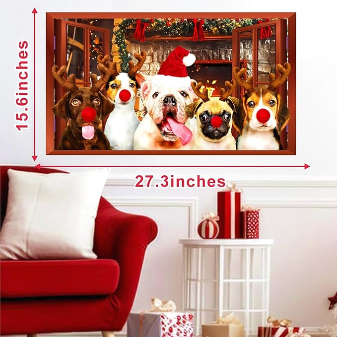 Christmas Dog Wall Decor 3D Xmas Fake Window Wall Decals Mural Merry Christmas Puppy Dog Wall Stickers Winter Holiday Faux Window Decal Party Decorations Cute Funny Dogs Decals Party Supplies