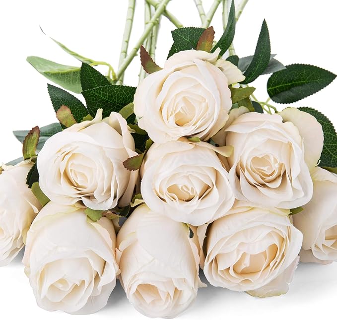 Flojery 10pcs Artificial Rose Flowers Long Stem Fake Silk Roses for DIY Wedding Bouquet Table Centerpiece Home Decor (White)