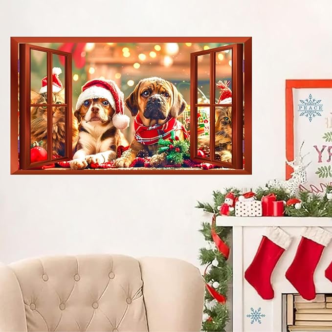 Christmas Dog Wall Stickers Decor 3D Fake Window Wall Decal Mural Christmas Cat Xmas Puppy Dog Decals Holiday Wall Sticker Animal Fake Window Wall Stickers Party Decorations