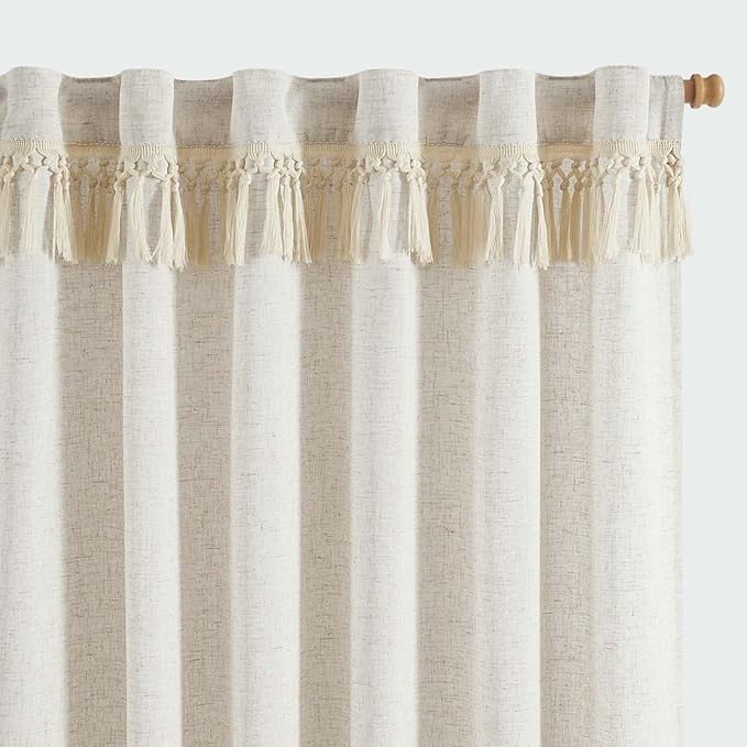jinchan Linen Curtains for Living Room Bedroom Light Filtering Semi Sheer Curtains Boho Farmhouse French Country Cottage Core Decor Window Drapes Back Tab 90 Inch Length Tassel Beige