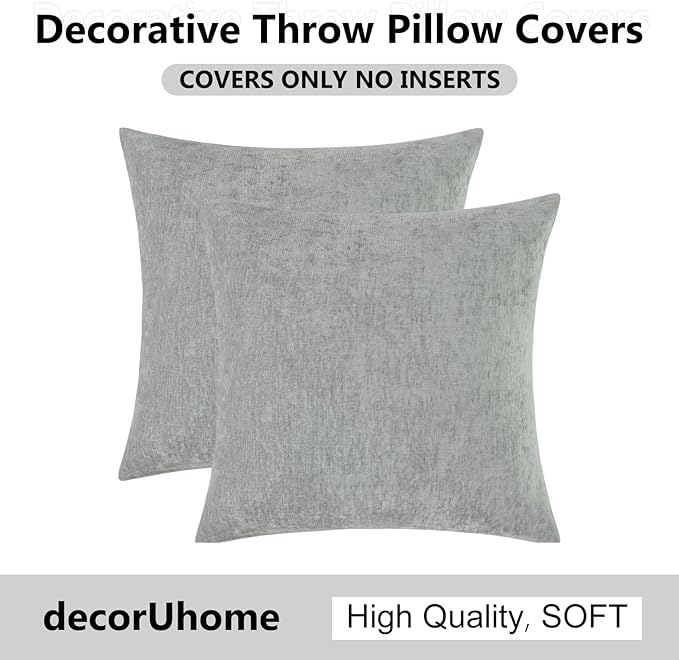 decorUhome Chenille Grey Christmas Throw Pillow Covers 20x20 Inch Set of 2, Decorative Soft Couch Pillow Covers Solid Dyed Accent Farmhouse Neutral Square Pillow Cases for Sofa