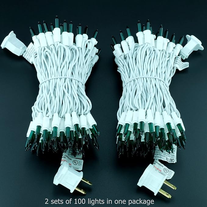 YULETIME 200 Green Christmas Lights, Pack of 2 Sets 33 Feet 100 Count UL Certified Incandescent String Lights (Green - White Wire)
