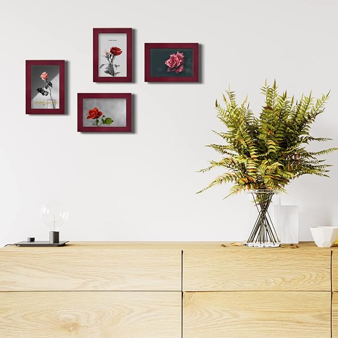 Egofine 4x6 Frames Set of 4, Made of Solid Wood Covered by Plexiglass 3x4.5 and 3.5x5 with Mat or 4x6 without Mat, for Table Top Display and Wall Mounting Photo Frame, Cherry Red