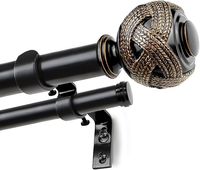 1 Inch Double Curtain Rods 66 to 120 Inches (5.5-10ft), USFOOK Black Drapery Rods for Windows 69 to 111 Inches, Telescoping Dual Curtain Rod with Woven Leaf Finials