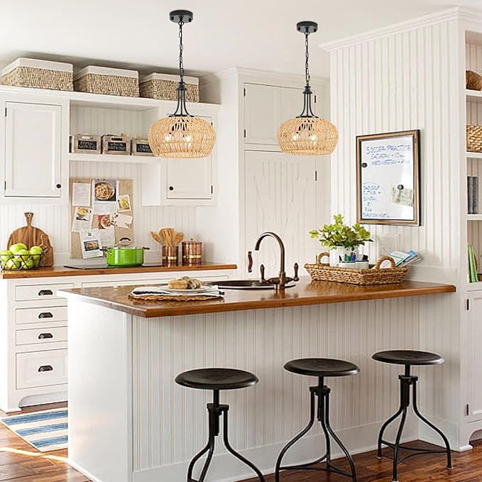 Farmhouse Chandelier Light Fixtures, 3-Light Rattan Boho Pendant Lighting Ceiling Hanging Lamp with Woven Lampshade, Coastal Hanging Light Fixtures for Dining Room Kitchen Island Living Room Entryway
