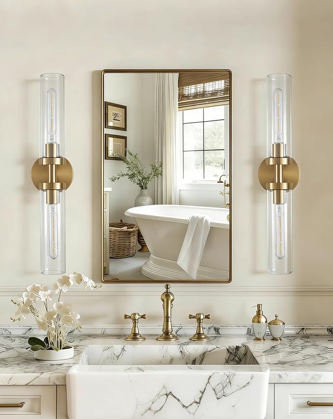AT-VALY Wall Sconces Set of Two,Vanity Light Fixtures with Clear Glass,Modern Sconces Wall Decor for Bathroom, Living Room Mirror (Brushed Brass)