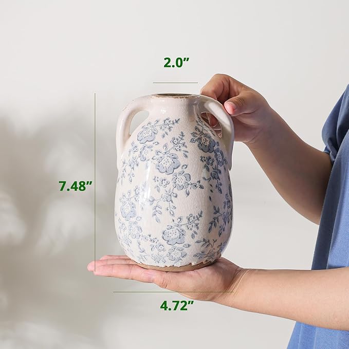 Vintage Chinoiserie Blue and White Ceramic Vases Decor 7” Retro Ice Crackle Hand-Painted Peony Ceramic Pitcher Antique Style Home Decor (7.5 Inch Blue and White)