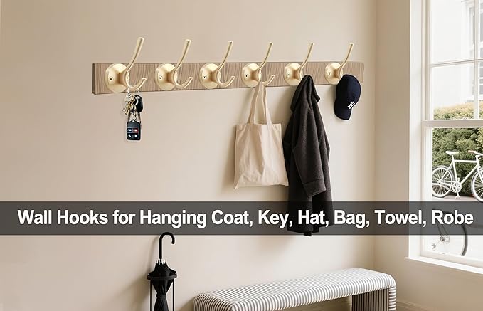 Gold Wall Hooks, 6 Pack Coat Robe Hook Heavy Duty Metal Double Bath Hook Wall Mounted, Hand Towel Hooks for Cubicle Bathroom Kitchen Closet Garage