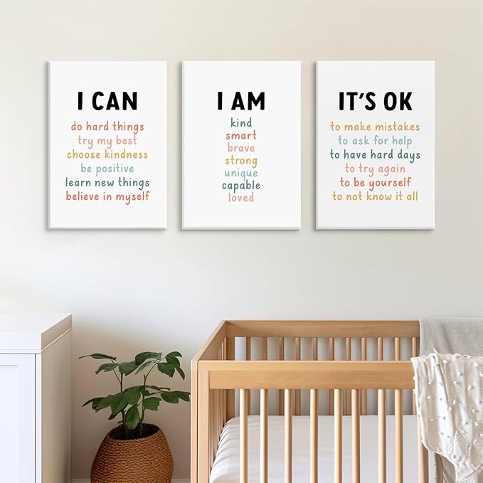 Kids Affirmation Wall Art Positive Canvas Wall Decor Inspirational Quotes Wall Art Motivational Words Pictures Daily Affirmations Poster Nursery Prints for Playroom Children Room 16x24x3 Inch Framed