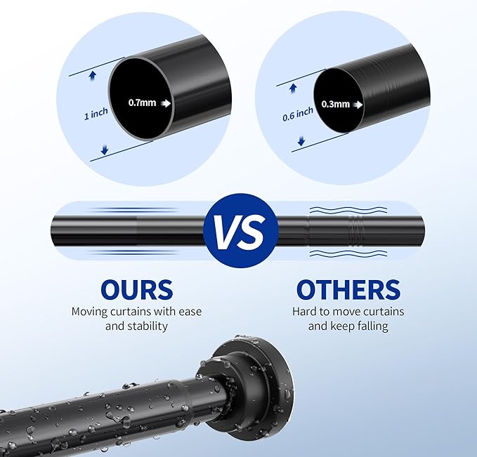 Shower Curtain Rod, 1" Diameter Heavy Duty Tension Shower Rod, Non Slip Adjustable 28-74 inch No Drilling Shower Curtain Rods Spring Tension For Bathroom, Shower Stall, No Rust, Black