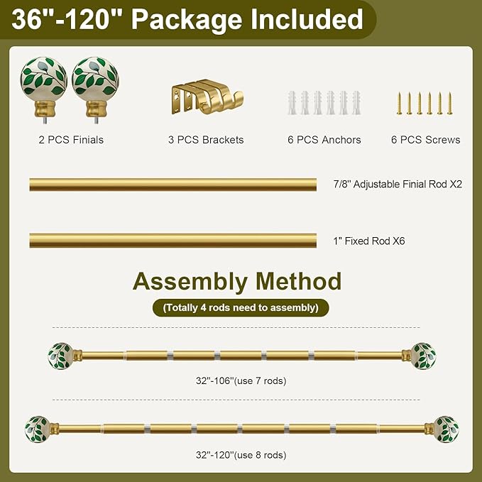 Ceramic Gold Curtain Rods for Windows 66 to 120 Inches Adjustable Length Heavy Duty 1" Diameter Window Curtain Rod with Modern Green Leaf Pattern Decorative Finials for Bedroom Living Room Kitchen