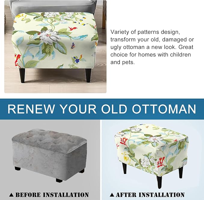 KRFOONN Stretch Ottoman Cover Slipcovers Rectangle Fit Length 27"-35" Footrest Stool Covers Printed Ottoman Cover for Foot Stool Furniture Protector with Non Slip Elastic Bottom, Color 06