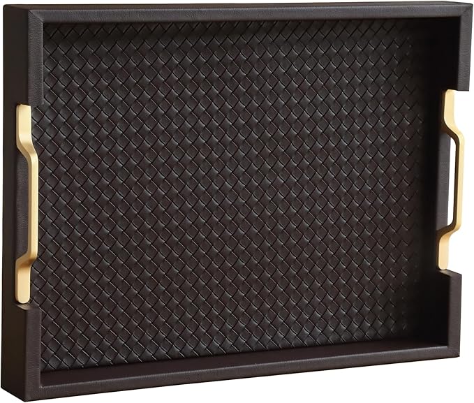 HofferRuffer Faux Leather Rectangle Serving Tray Decor Platter with Gold Metal Handles for Coffee Table, Breakfast, Tea, Food, Countertop, Kitchen, Butler Tray, 16.2 x 12.2 x 2 inches (Coffee)