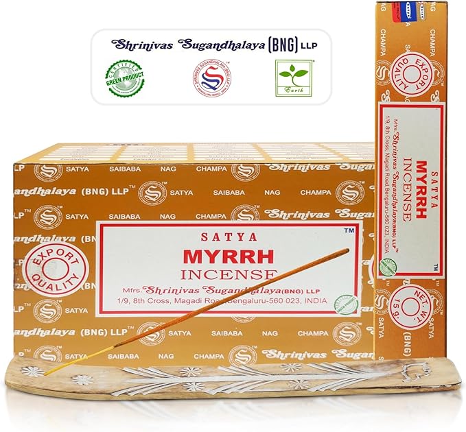 Satya Myrrh Incense Sticks, Satya 15gmx12 Pack with Raajsee Incense Holder Bundle, Satya Nagchampa Natural Incense