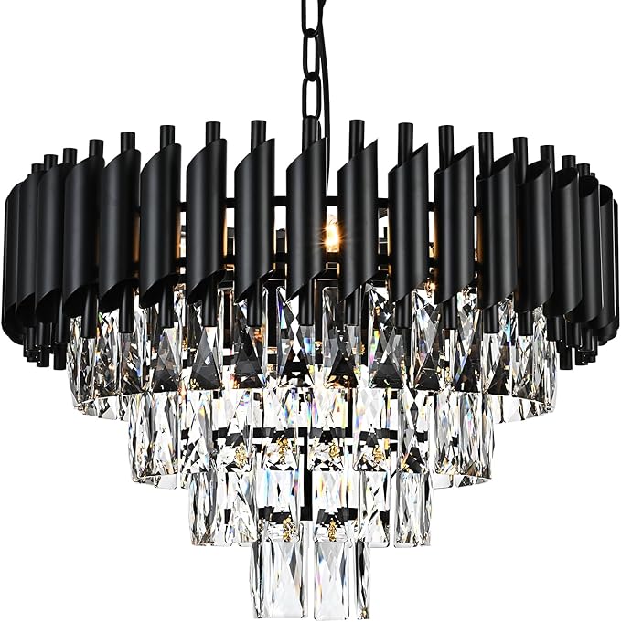9-Light Modern Round Crystal Chandelier Lights, 4 Tiers Luxury Pendant Ceiling Light, 19.7" Crystal Chandeliers Lighting for Dining Living Room Kitchen Island Bedroom Foyer Hallway (Black)